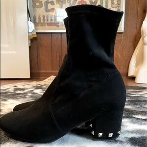 Black faux suede block heel gold stud booties